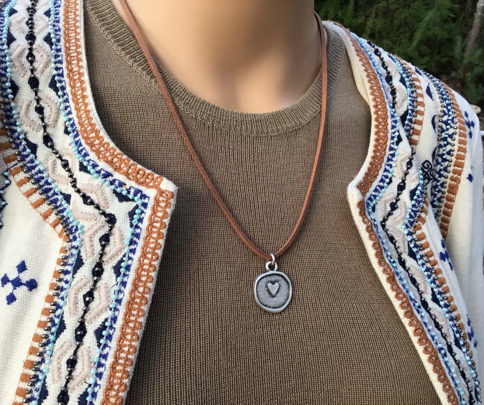 Heart Sundance Charm artisan silver jewelry Necklace suede leather cord