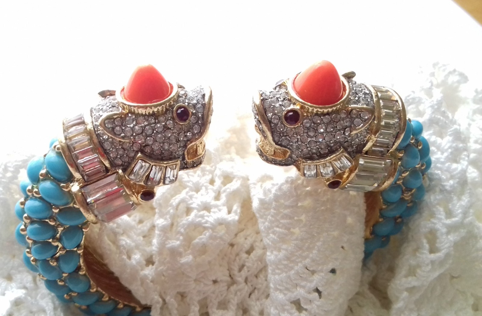KENNETH LANE KJL KOI FISH GP CUFF/BRACELET TURQUOISE/CORAL CABS RED/ICE CRYSTALS