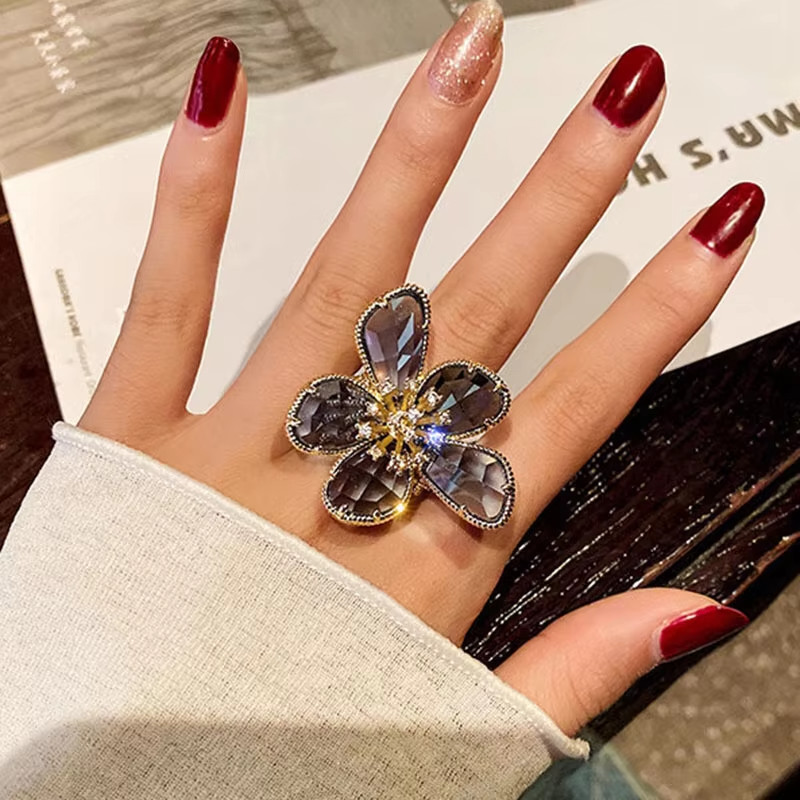 Luxury Crystal Flower Big Open Ring for Women Fashion Party Summer Holiday