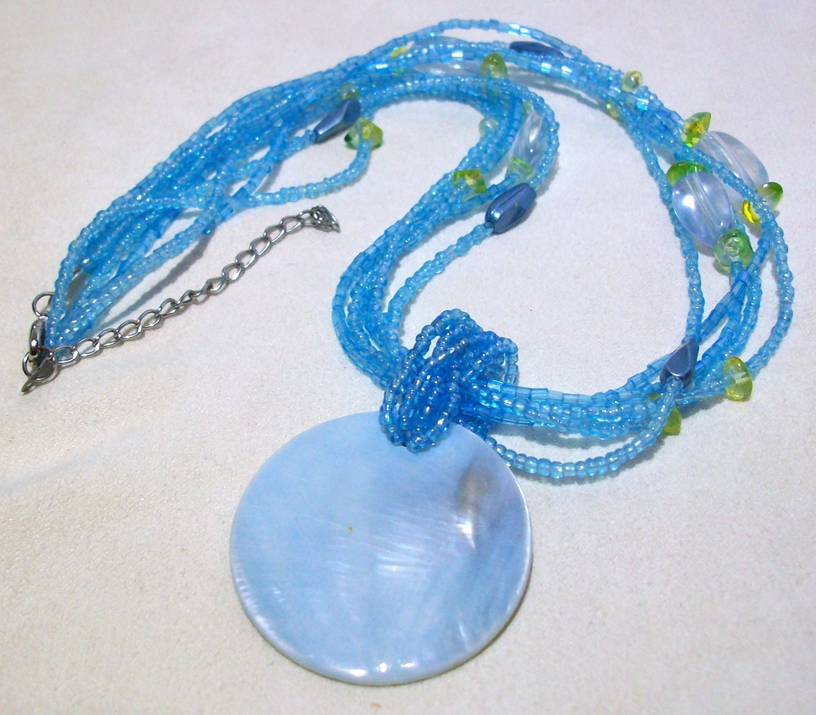 Natural Shell Pendant Necklace Blue Multi Strand Seed Beads Beach Vacation 22″