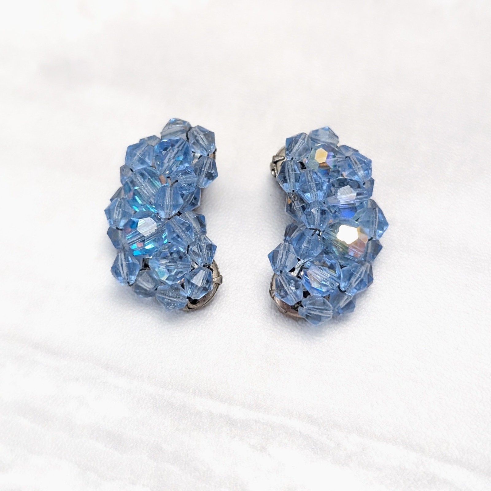 Vintage Clip On Earrings Kidney Bean Shape Large Blue Beaded Statement 1 & 3/8″