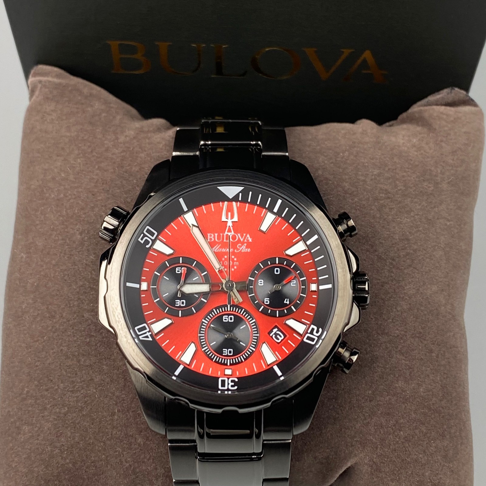 New Bulova 43 mm Marine Star Red Dial Men’s Quartz Chronograph Watch 98B350