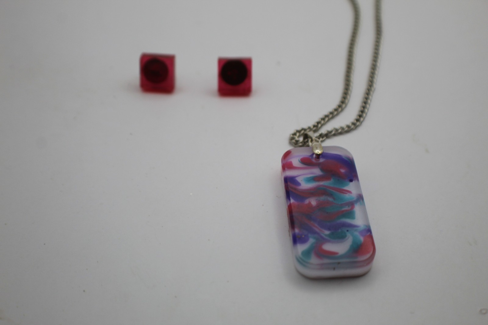 Colorful Resin Pendant On A Chain Necklace With Matching Stud Earrings
