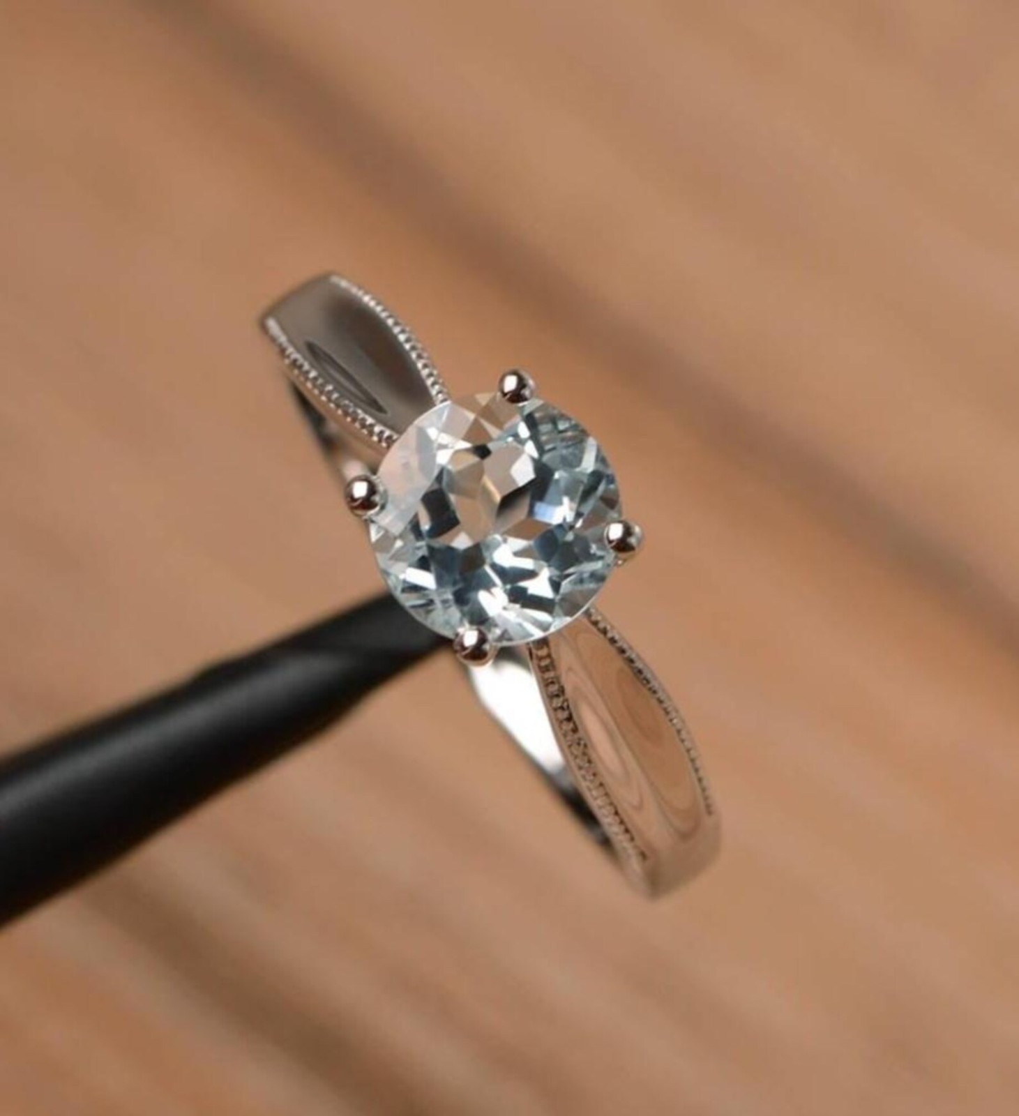 Aquamarine Ring 925 Sterling Silver Round Cut Solitaire March Birthstone Gift