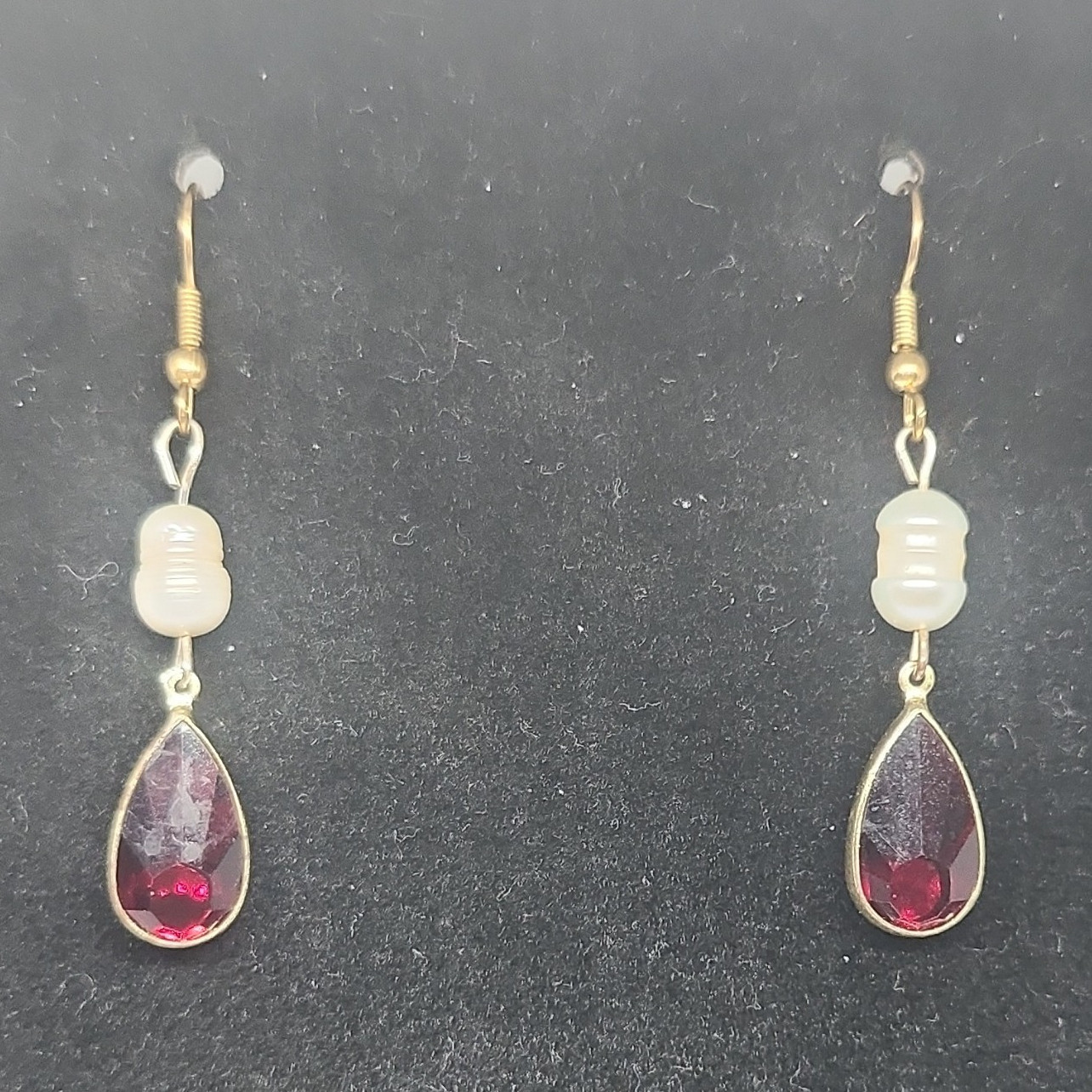Gold Tone White Pearl Dangle Hook Earrings Red Teardrop Crystal Bezel Set