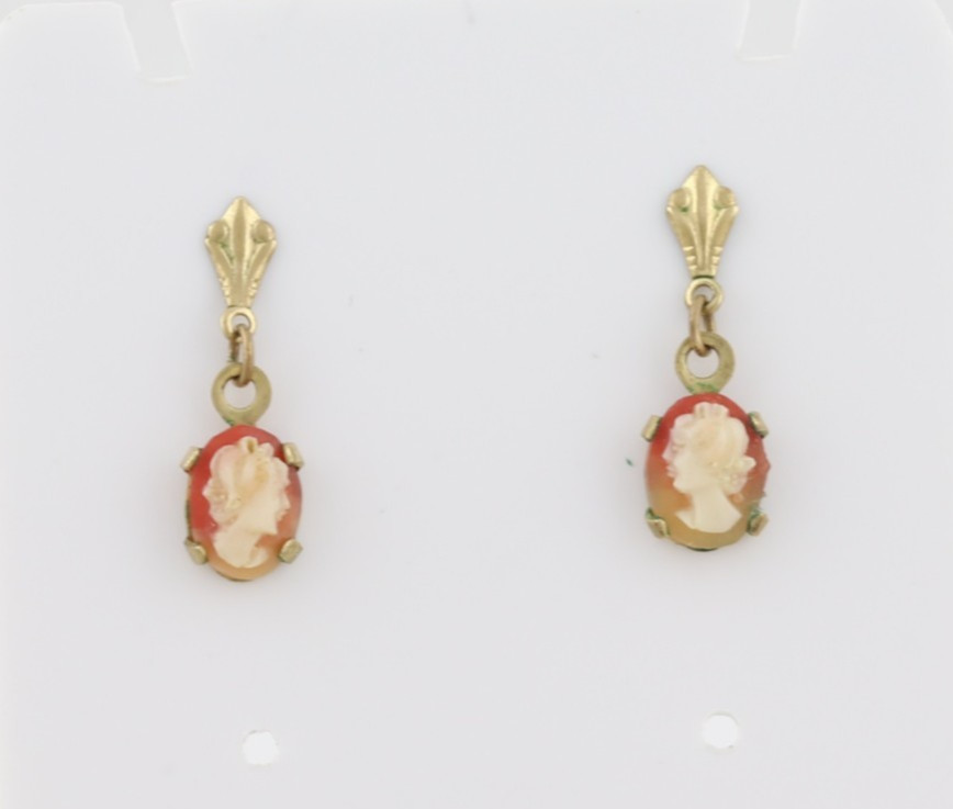 10k Yellow Gold Cameo Earrings Dangle Drop 3/4″ x 1/4″ inch