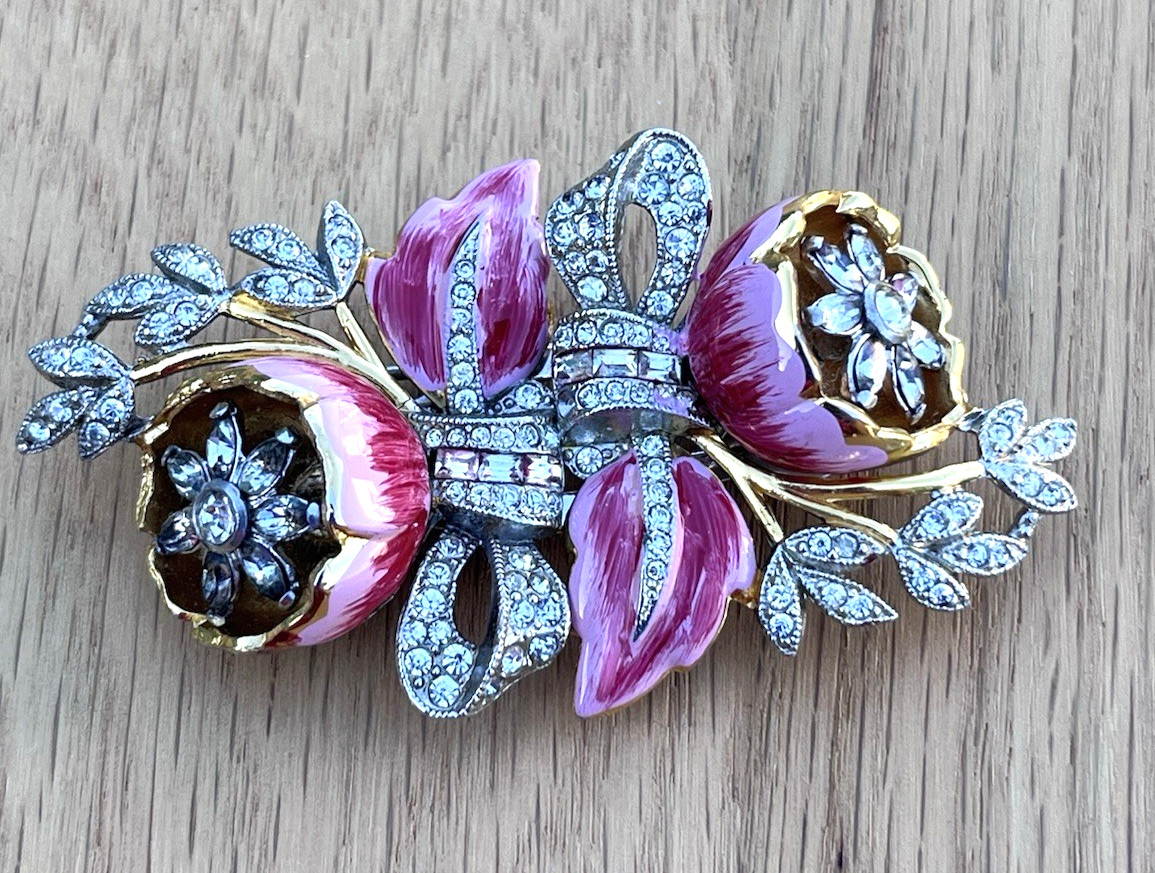 Antique Coro Pink Enamel Flower Trembler Quivering Camellias Duette Brooch Clip
