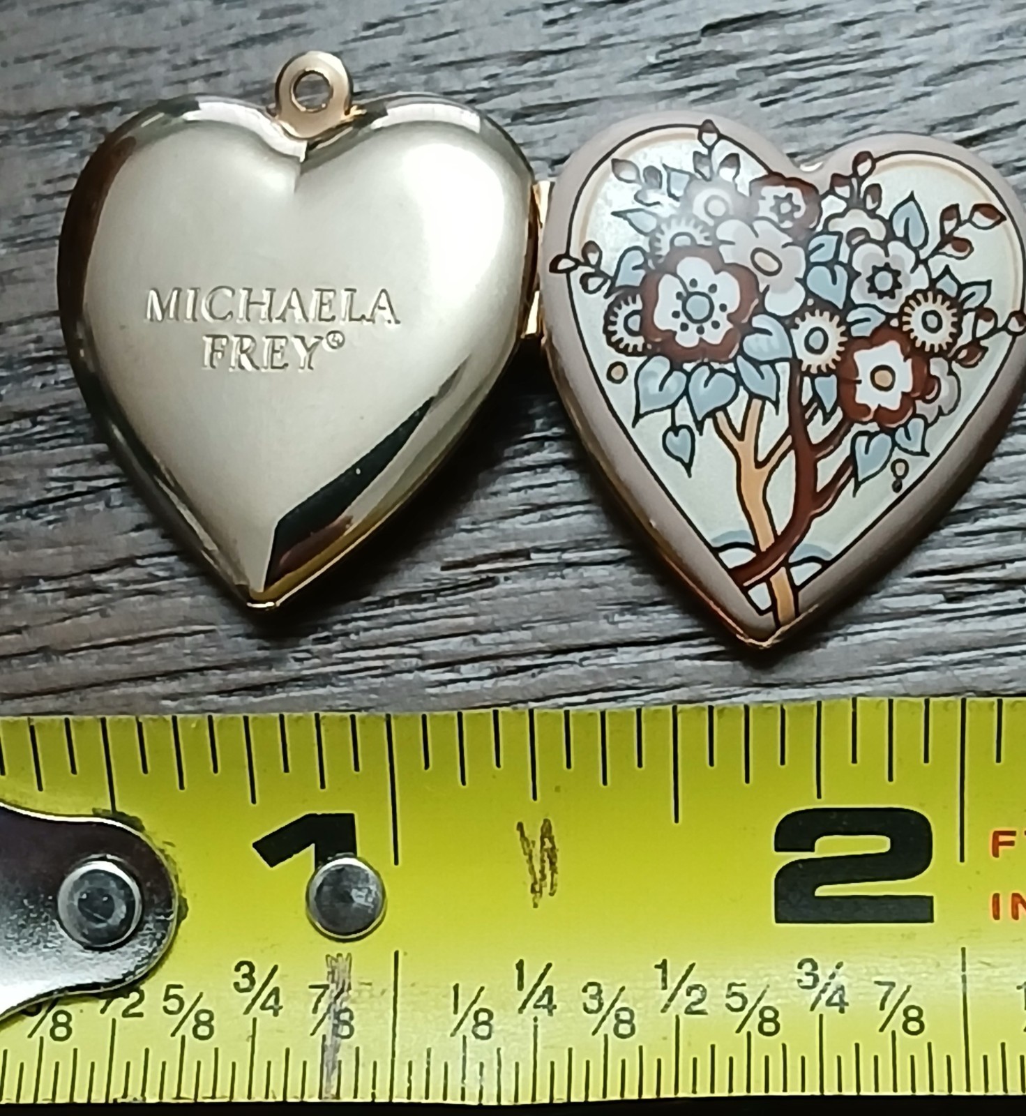 Michaela Frey Heart Locket Pendant Floral Enamel Gold Tone Signed