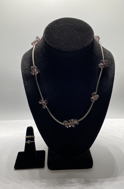 Sterling Silver 925 Smoky Quartz Marcasite Jewelry Lot of 3 Necklace Rings