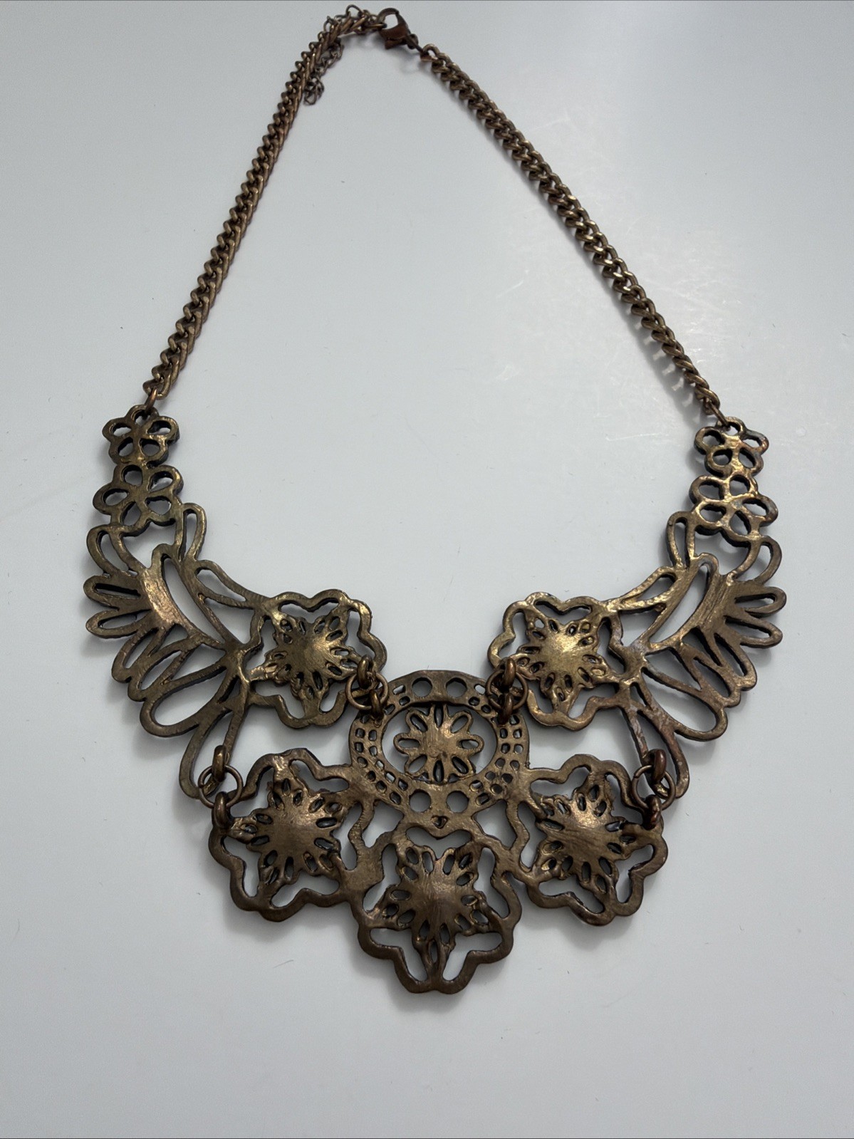 Vintage Style Bronze Filigree Floral Bib Necklace Statement Boho Cottagecore