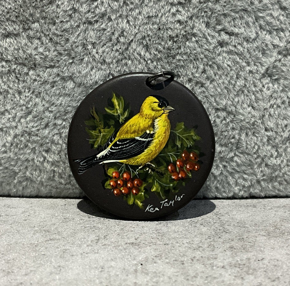 Vintage Ken Taylor Signed Hand Painted Yellow Goldfinch Bird Pendant Charm