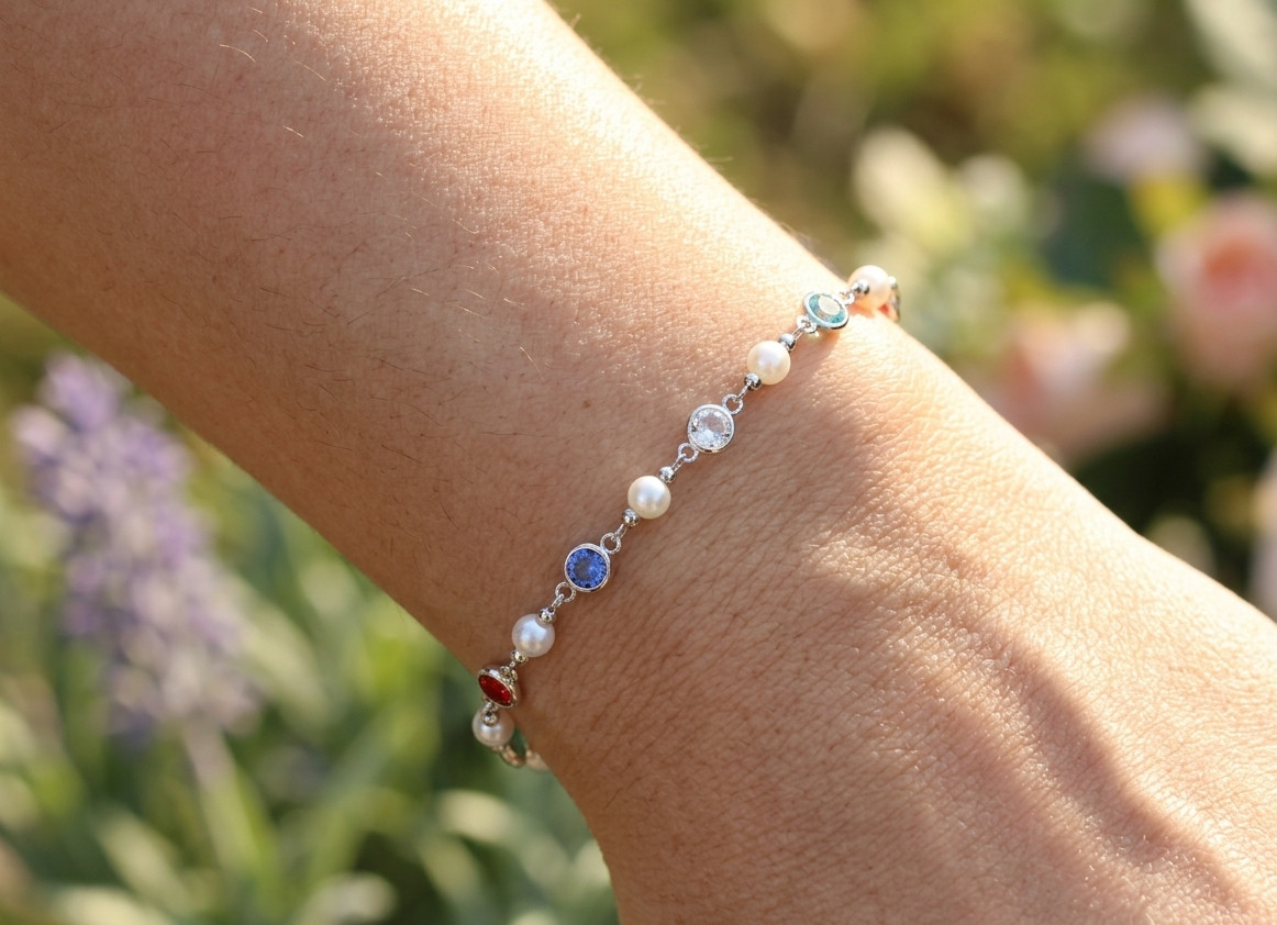 Handmade Silver Color Boho Pearl Ruby Sapphire Multi Stone Bracelet Minimalist