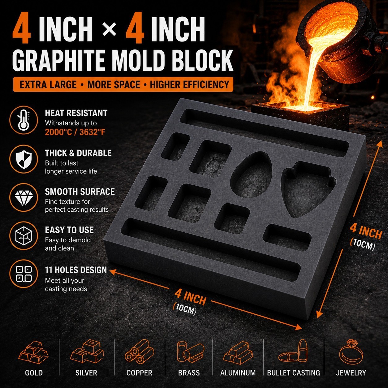 Graphite Ingot Mold Gold Silver Copper Melting Refining Casting Block 4x4inch