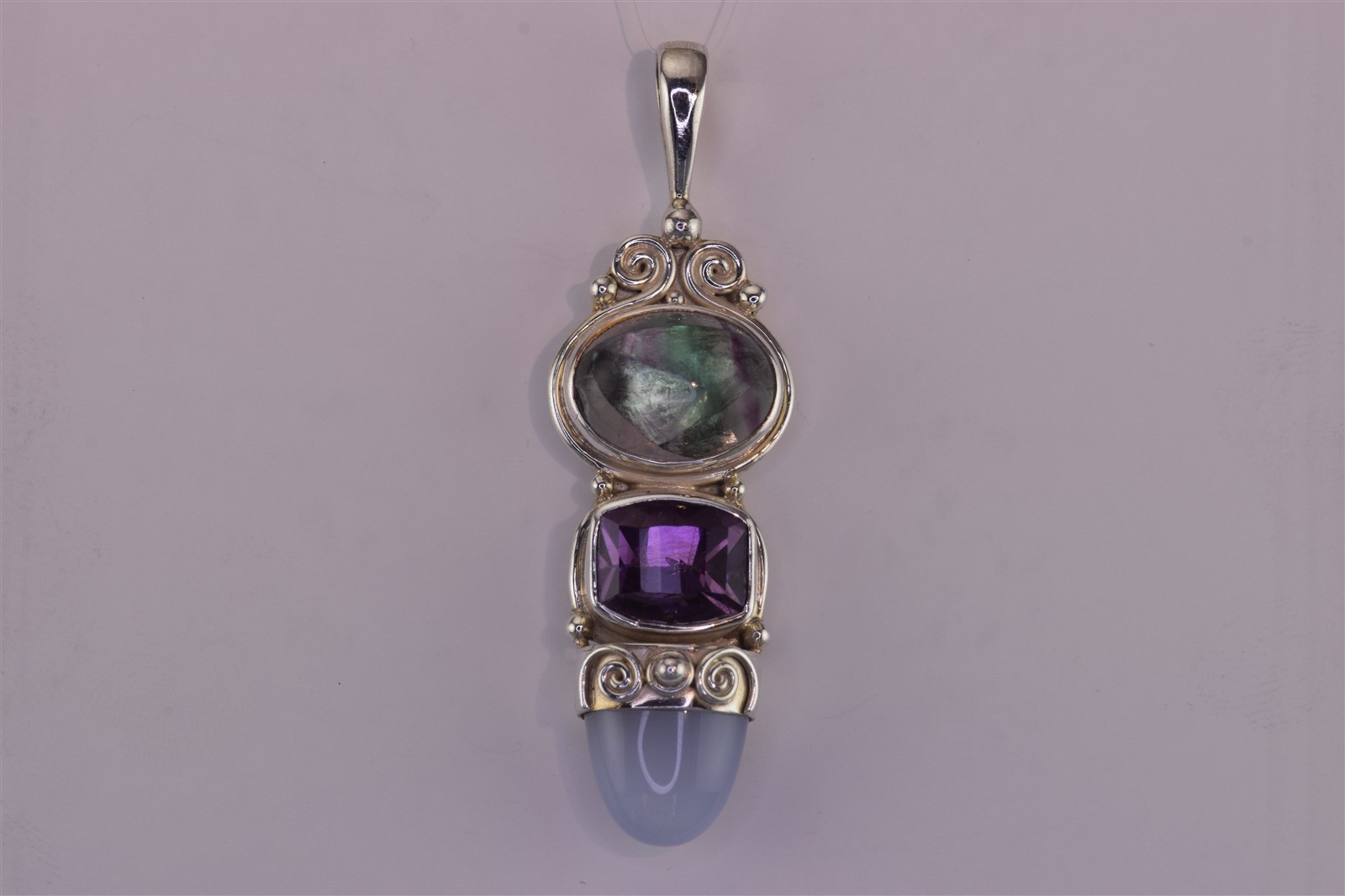 SAJEN Sterling Silver 63mmx 18mm Fluorite Amethyst Quartz Statement 925 Pendant