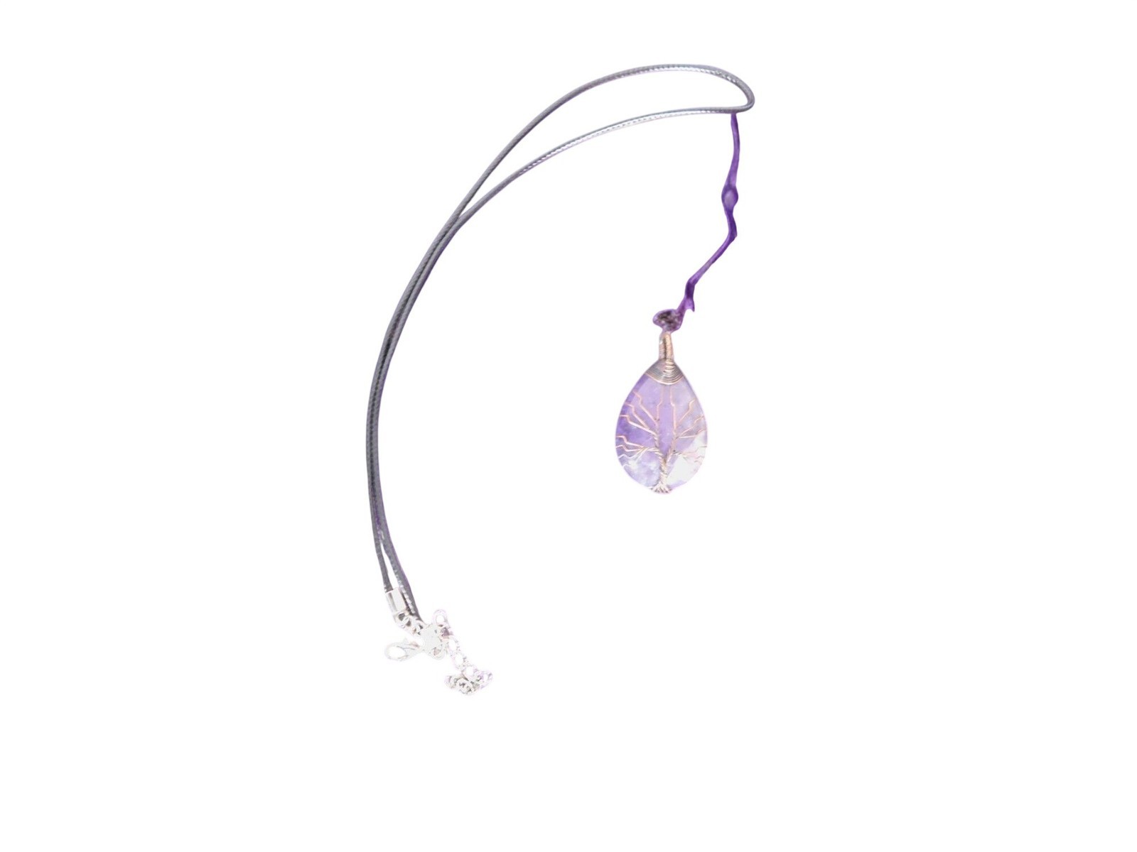 Amethyst Tree of Life Pendant Necklace Wire Wrapped Purple Crystal Teardrop