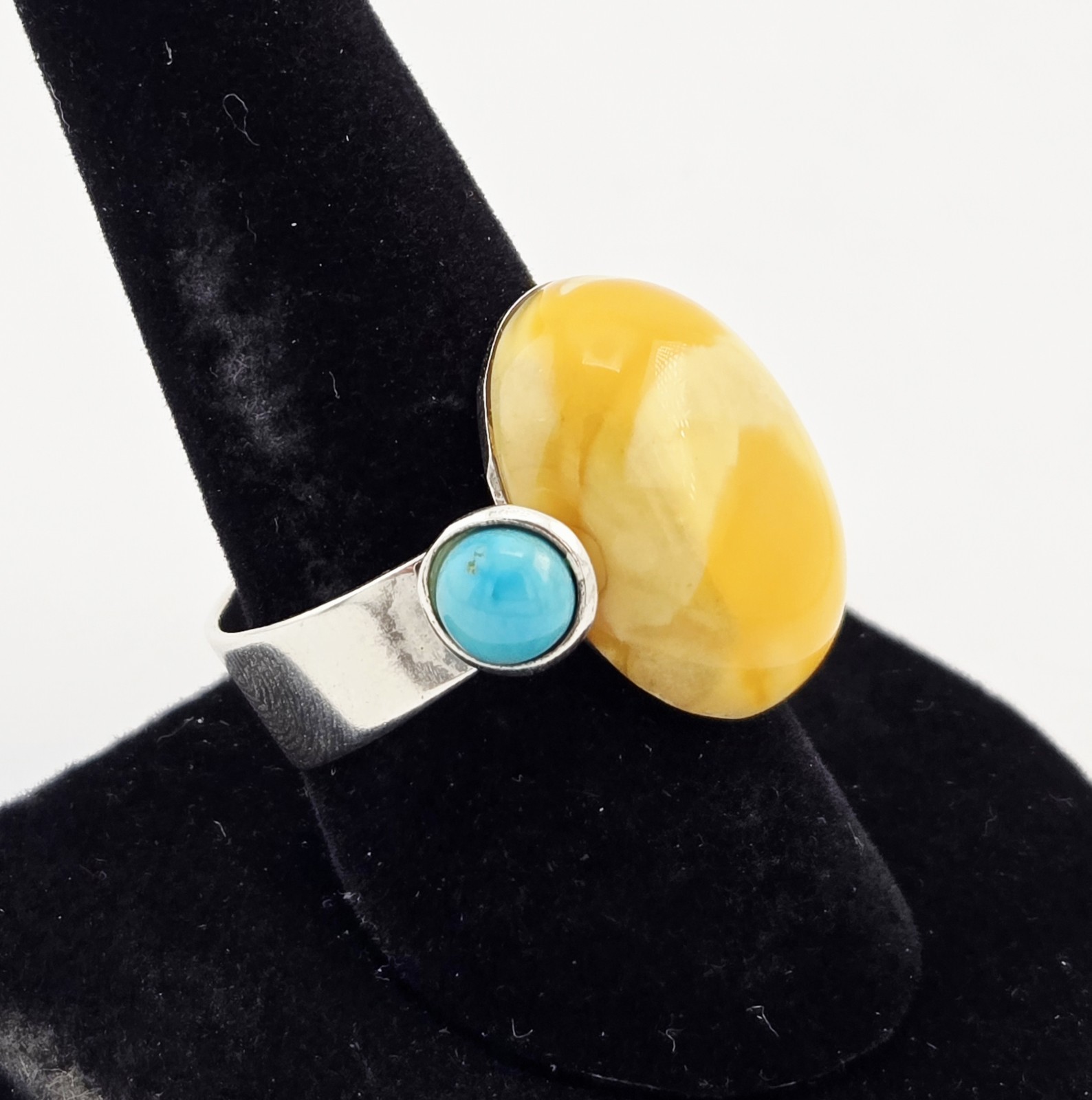 Vintage Butterscotch Baltic Amber Turquoise Sterling Silver Ring Size 9 – 8g