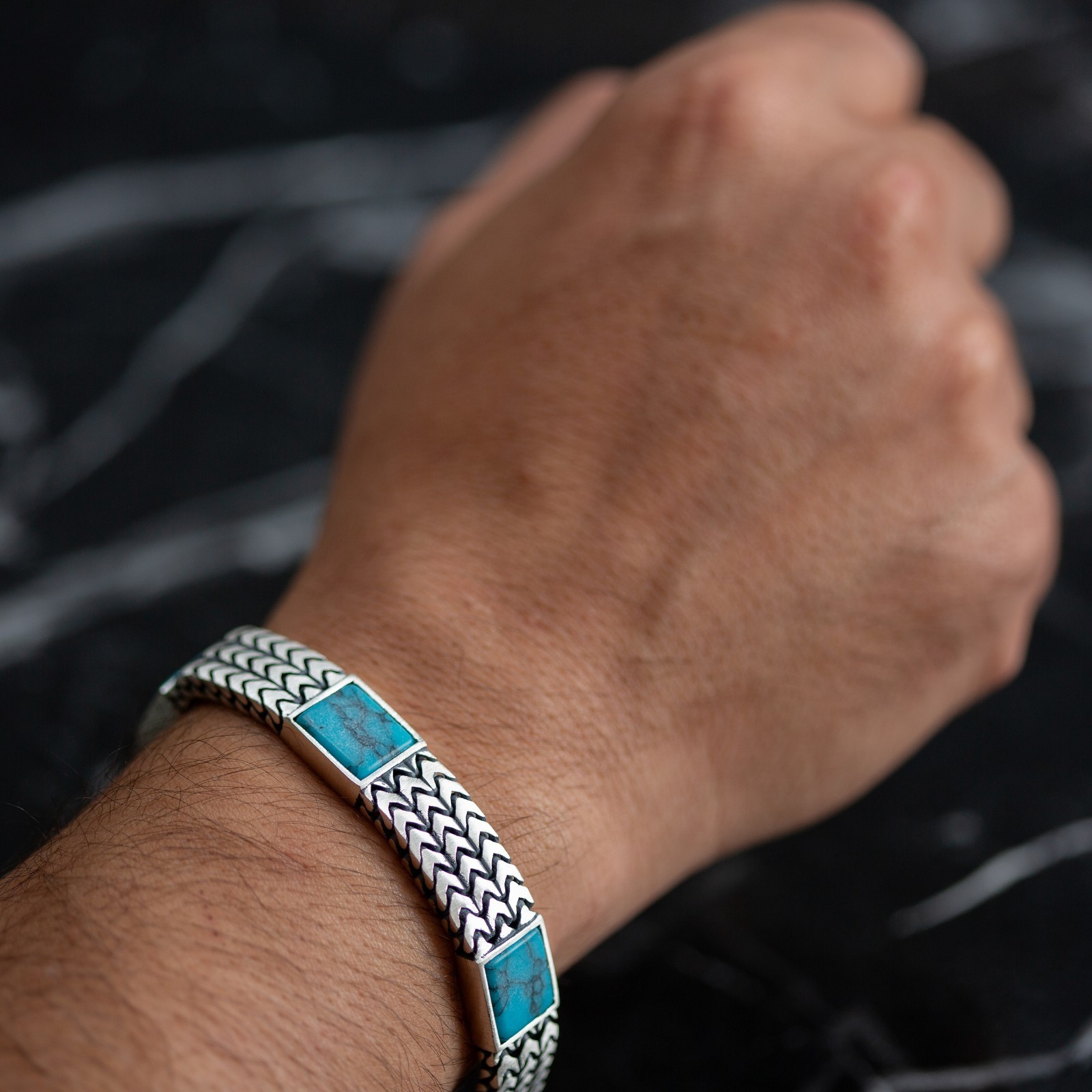 925 Men’s 925 Sterling Silver Foxtail Curb Chain Turquoise Gemstone Bracelet