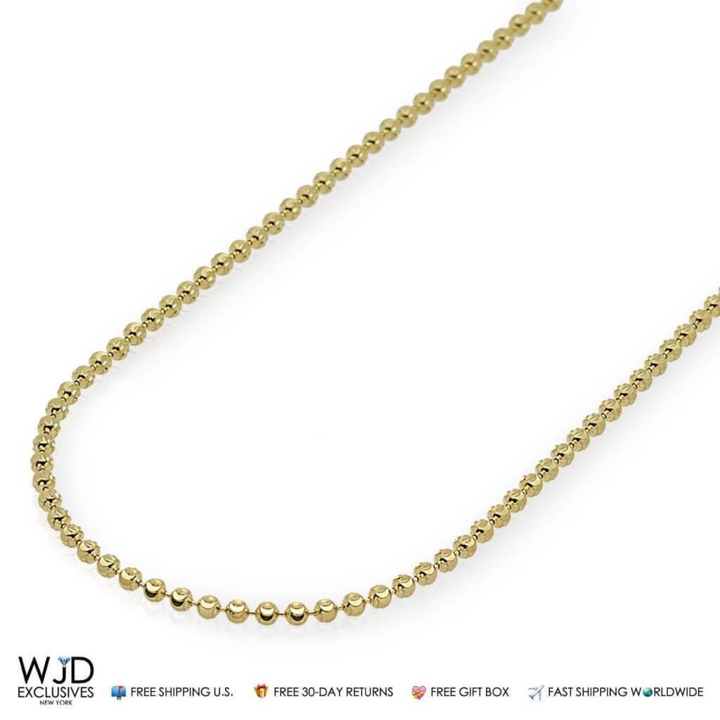 Solid 14K Yellow Gold Half Moon Cut 2mm Bead Ball Chain Necklace 20″-28″