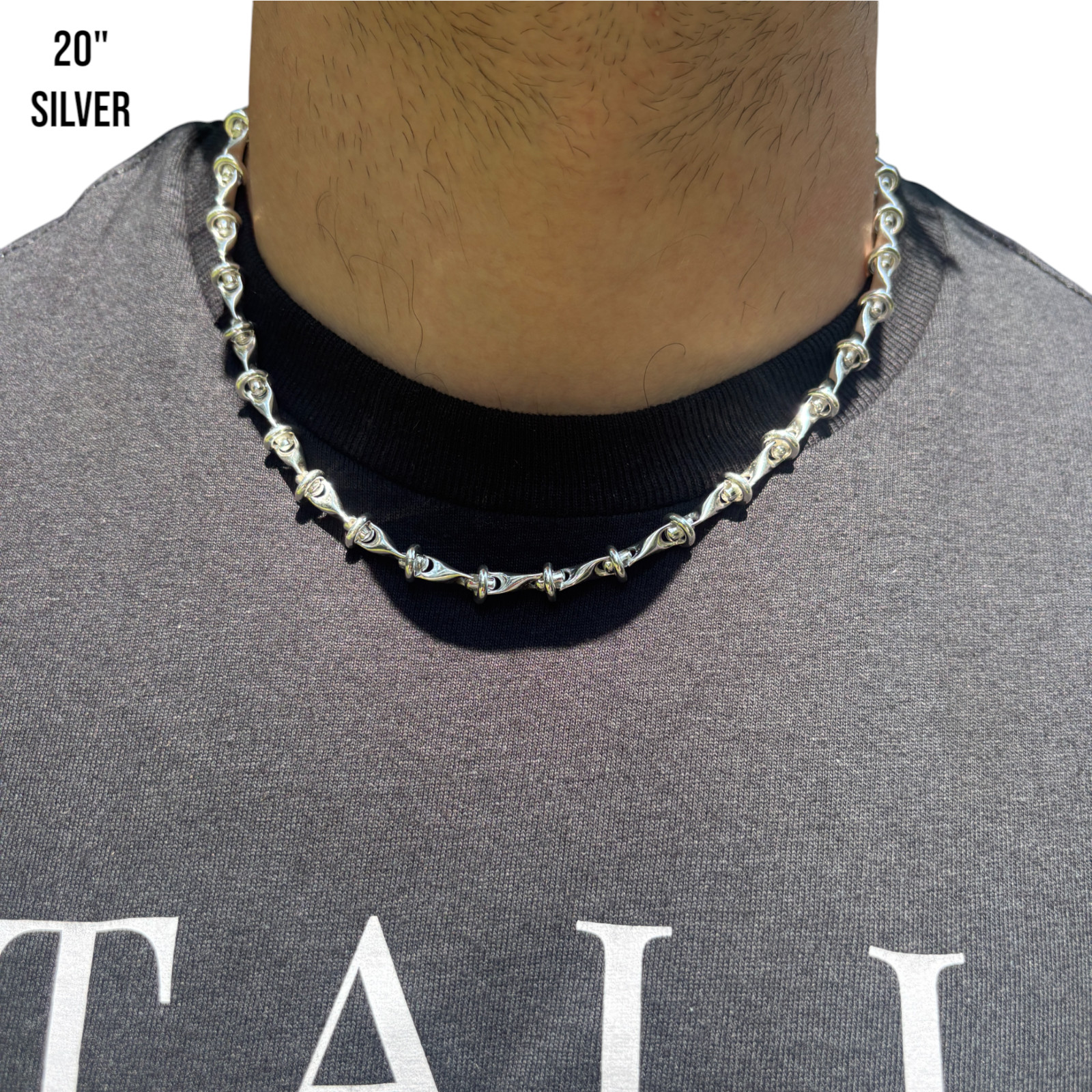8mm Barbed Wire Chain Necklace – Real Solid 925 Sterling Silver Made In Italy