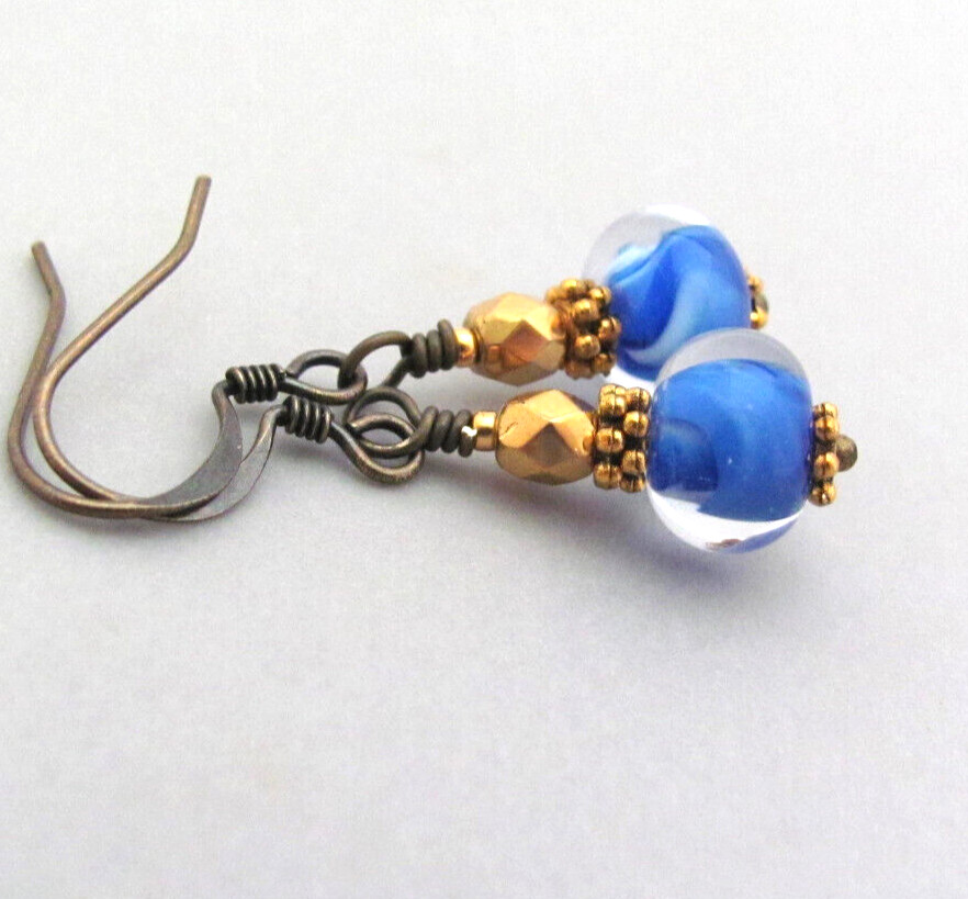 Blue White Earrings Lampwork Glass Antiqued Brass Dainty Boho Chic