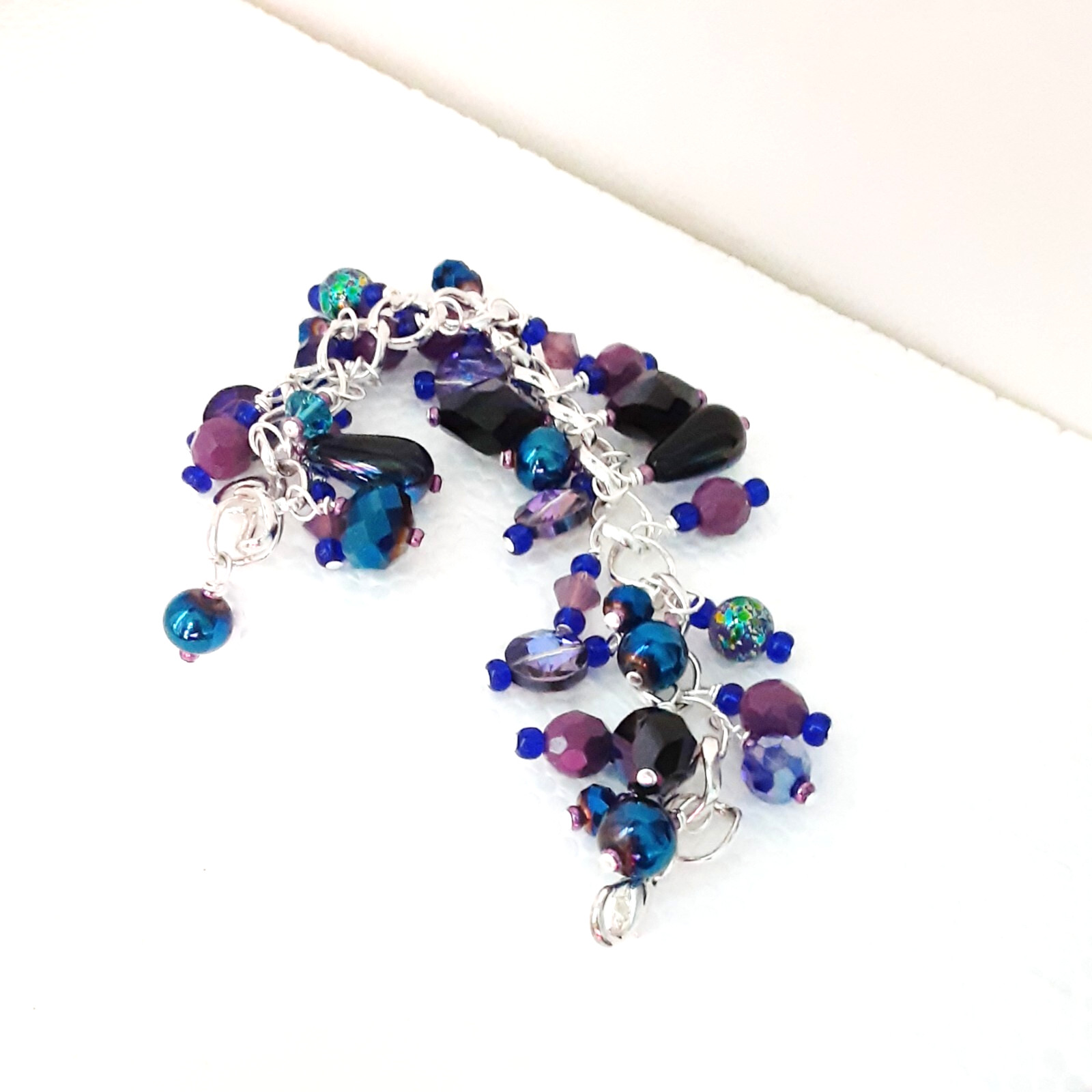 Handmade bracelet upcycled blue purple beads wirework Pat2 sz 6.2