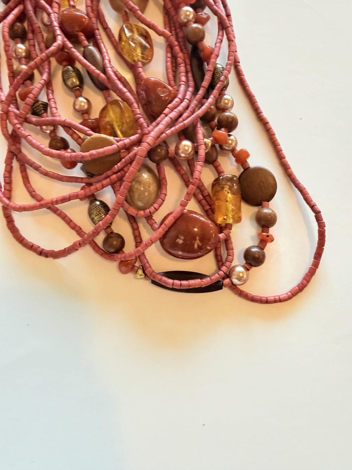 Pink Beaded Multi-Strand Statement Necklace Hook Closure Bohemian Theme