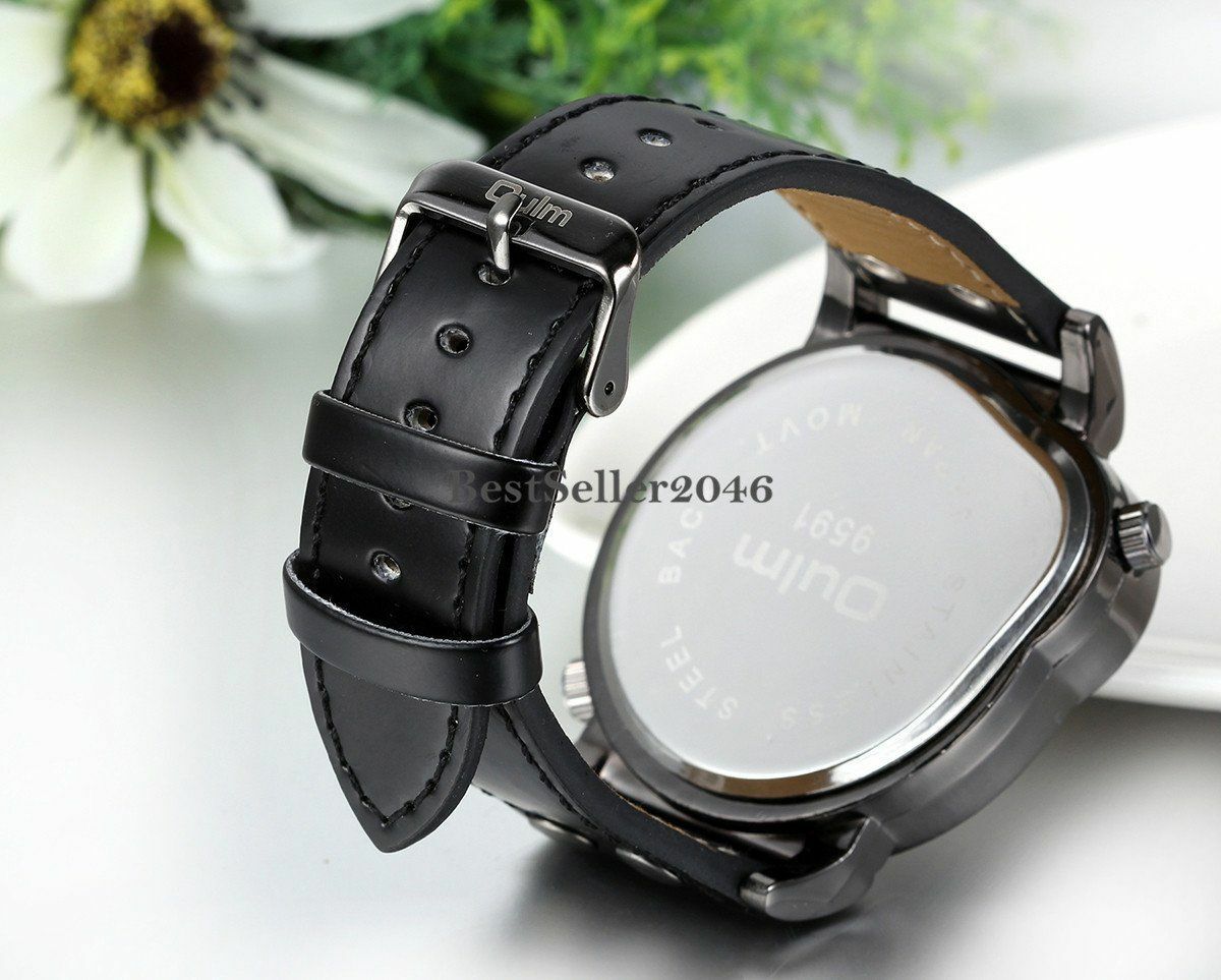 Luxury Mens Watch Big Dial Dual Time Zone Leather Band Analog Quartz Wrist Watch