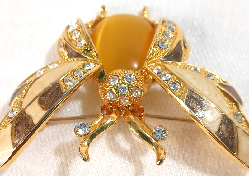 Bee Beetle Pin Brooch Enamel Rhinestones Cabochon Gold Tone Metal 2.5″ STATEMENT