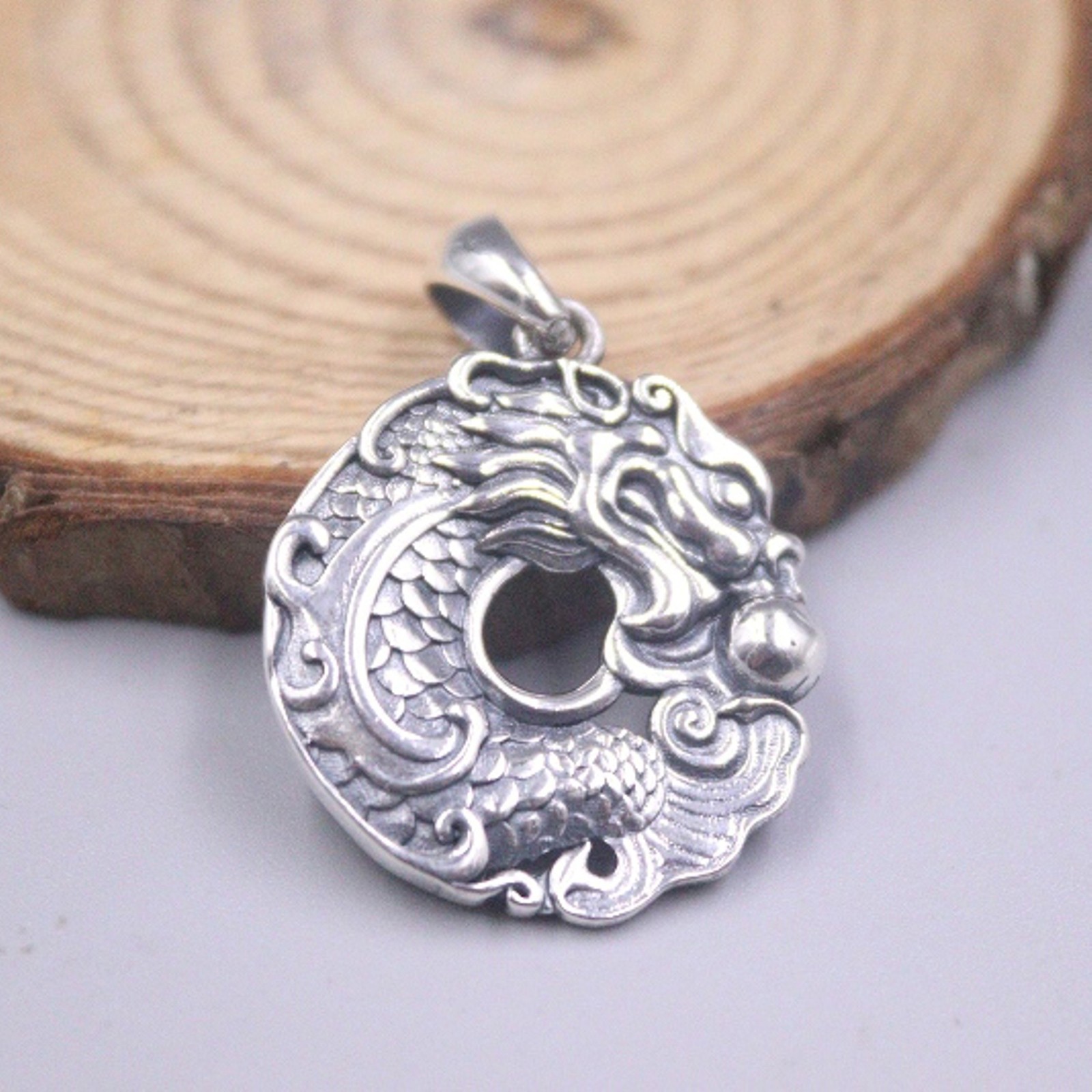 S925 Sterling Silver Pendant For Men Dragon Play Bead Vintage Silver Pendant