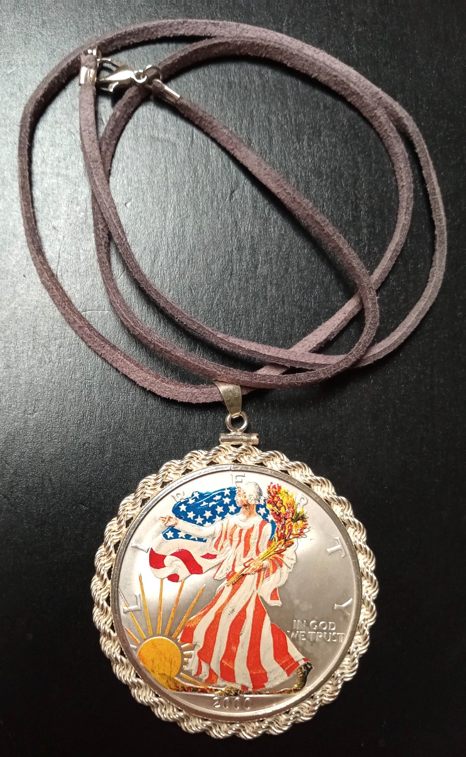 Colorized 1 Ounce 2000 American Silver Eagle Pendant Sterling Silver Rope Bezel