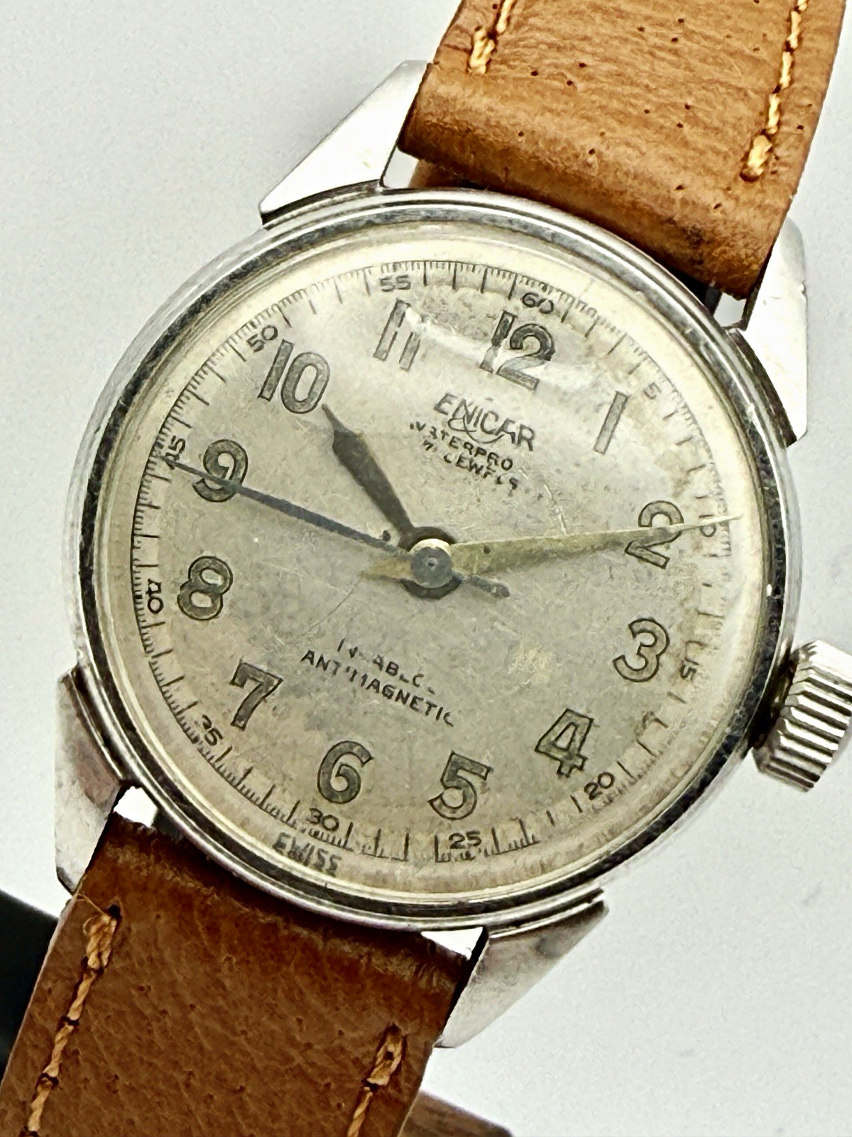 Enicar Waterpro Vintage Swiss Manual Wind 17J Silver Dial Steel Leather 29mm