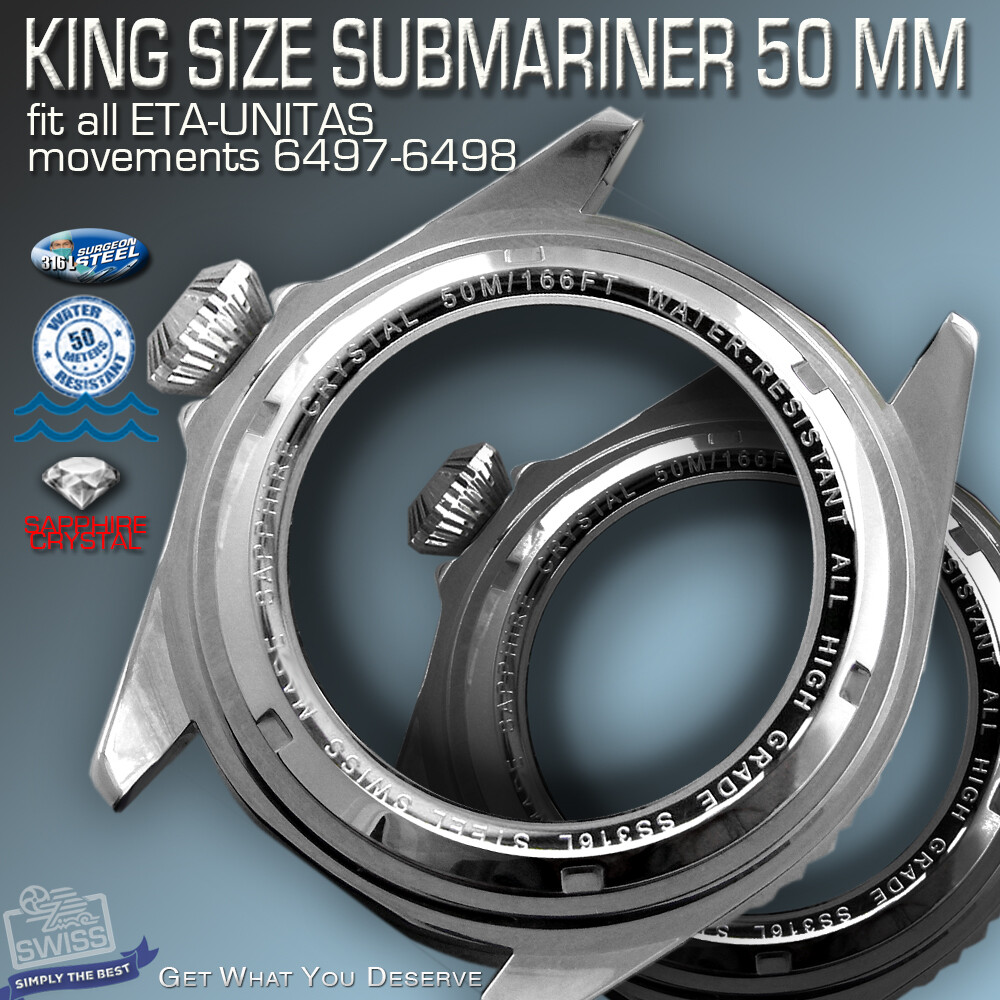 SUBMARINE CASE Ø 50 MM FOR MOVEMENT ETA UNITAS 6497/6498, ST-STEEL OR BLACK PVD