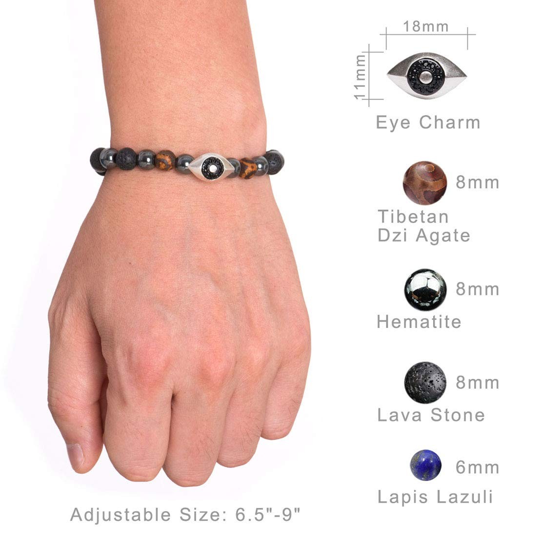 Vintage Silver and Black Plated Hamsa Evil Eye Reiki Bracelet Natural Hematit…