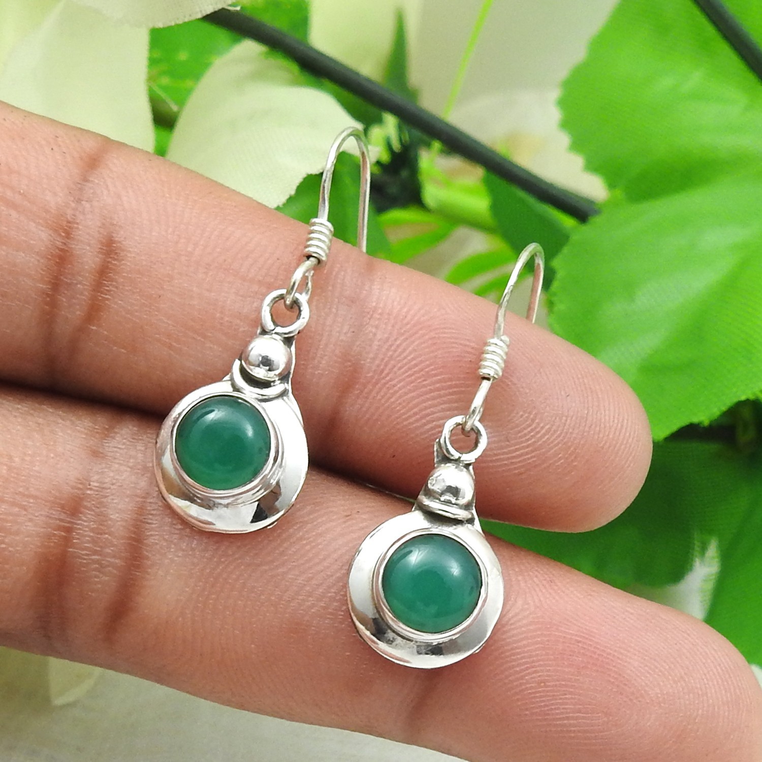 Natural Green Onyx Gemstone Dangle Earrings 925 Sterling Silver Bohemian Jewelry