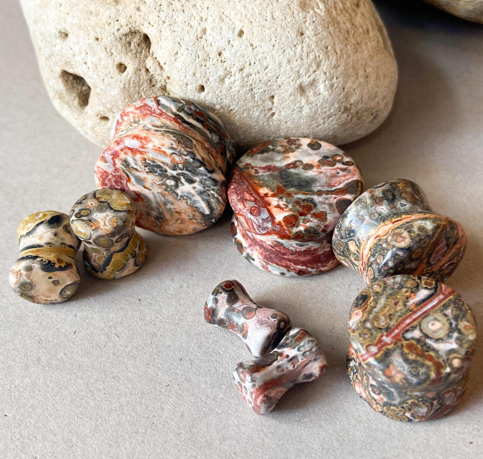 PAIR Natural Leopard Jasper Stone Double Flare Plugs Organic Gauges