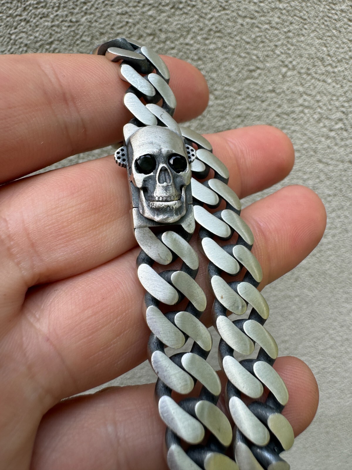 Custom Skull Lock Miami Cuban Link Bracelet 12mm Real 925 Silver Oxidized Finish