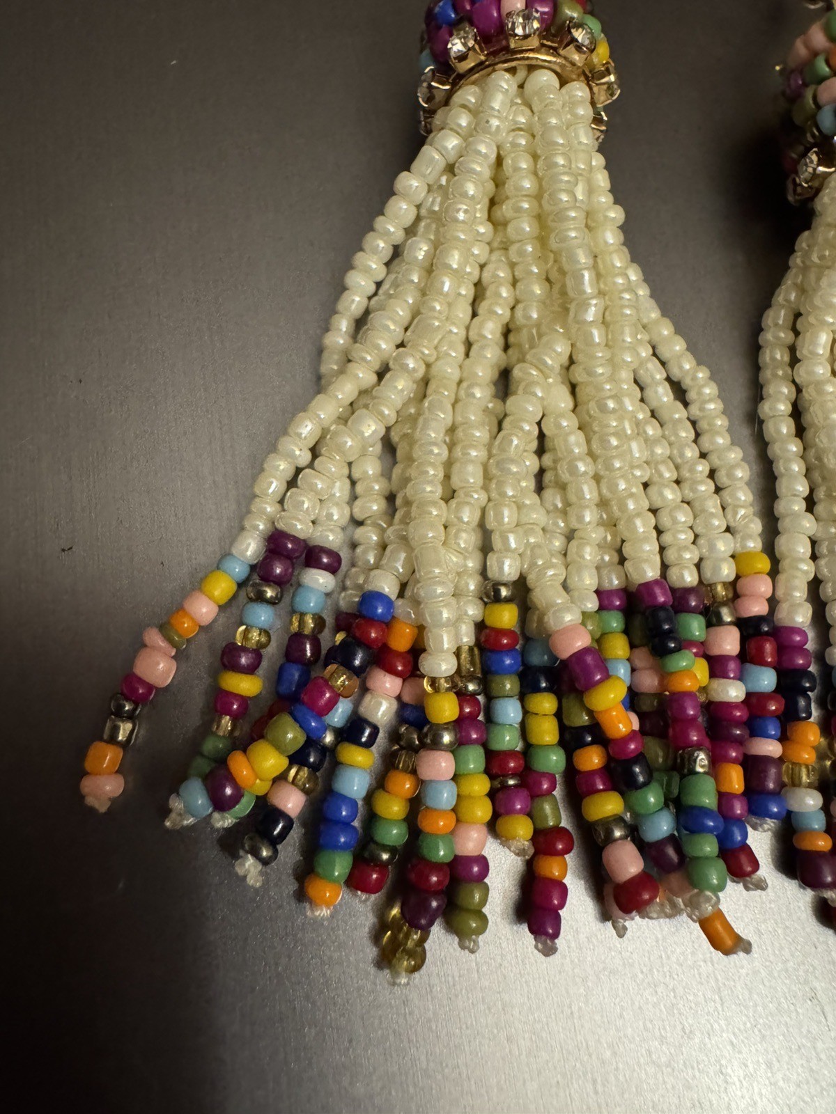 Multicolor & White Two Tone Color Block Seed Bead Tassel Dangle Earrings