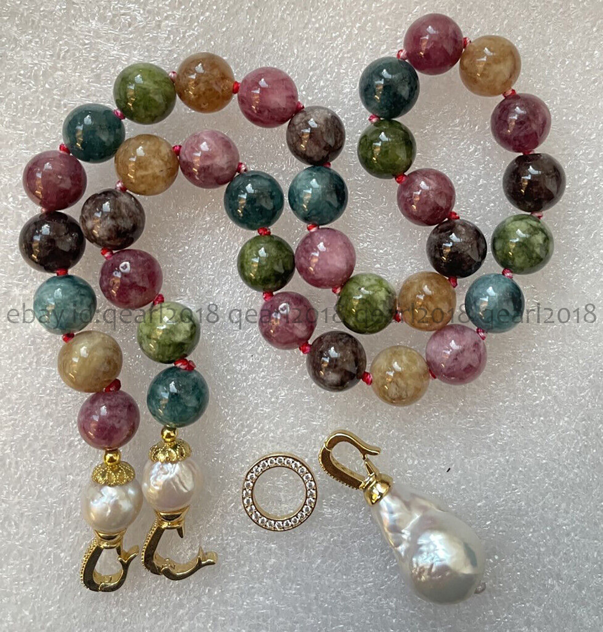 Multicolor Tourmaline Round Gemstone White Keshi Baroque Pearl Pendant Necklace