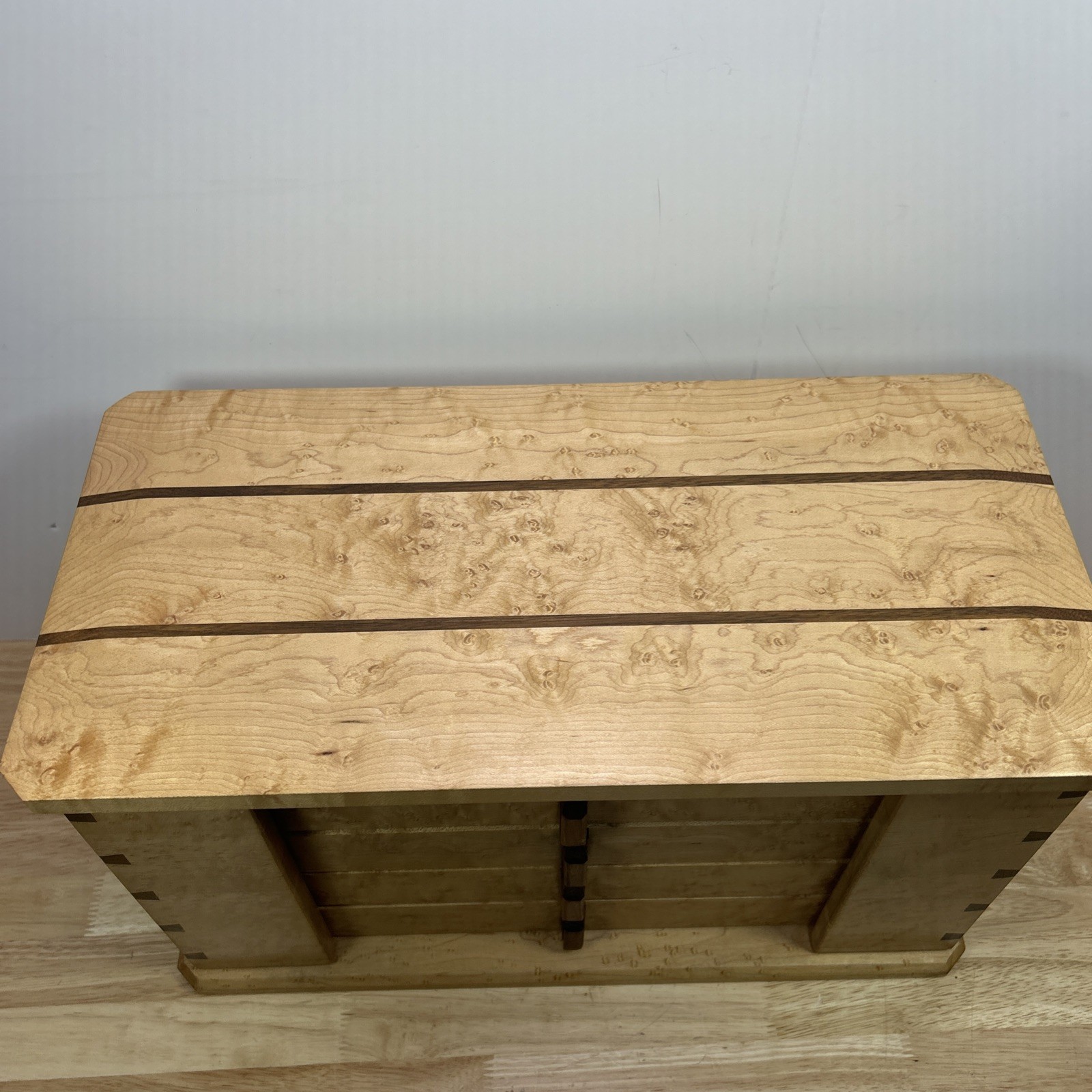 Jewelry Box Handmade Artisan Birdseye Maple Walnut Accent Inlay Lined Dovetail