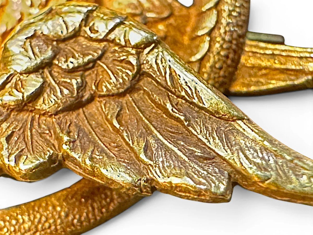 Antique English 14K Yellow Gold Chimera Motif Brooch With Emerald Eye