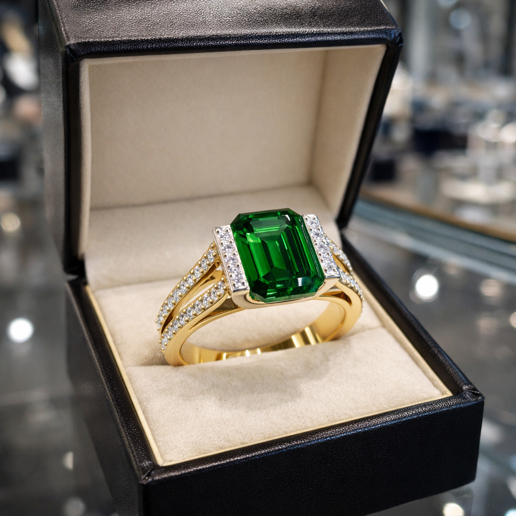 Emerald Cut Natural Emerald & Diamond Wedding & Propose Ring Yellow Gold 4.80 Ct