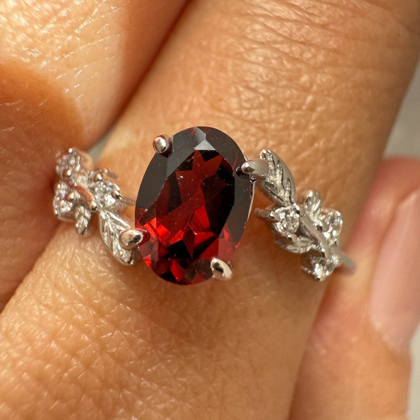 925 Sterling Silver Ring 7x5mm Natural Rhodolite Garnet Gemstone Zircon Flower