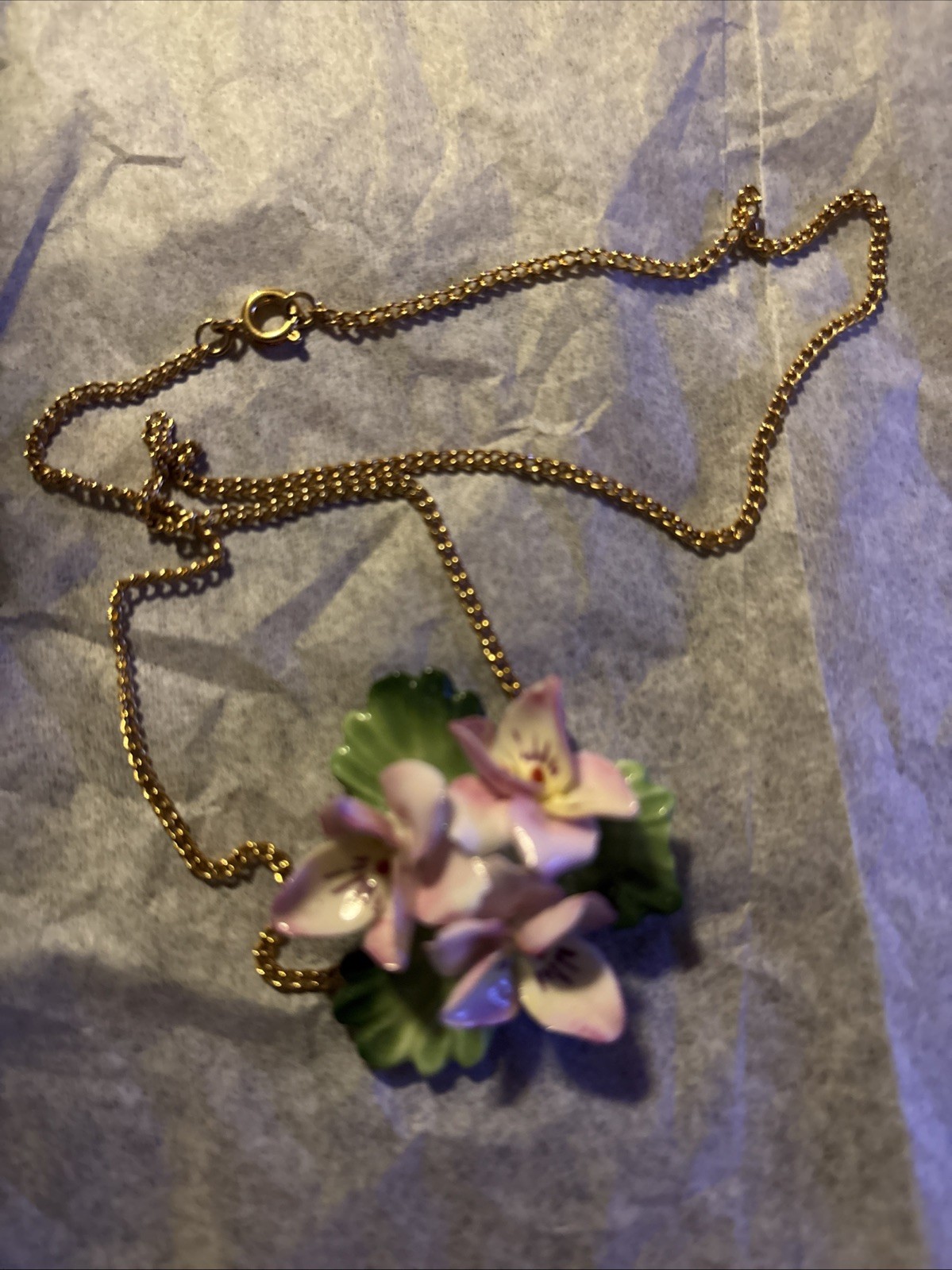Vintage CARA China Freesia Flower Pendant On A Gold-Toned Staffordshire Necklace