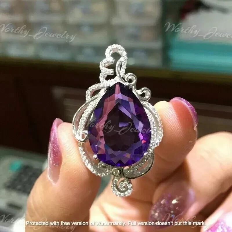 4.20Ct Pear Cut Amethyst Diamond Design Pendant 14K White Gold Finish