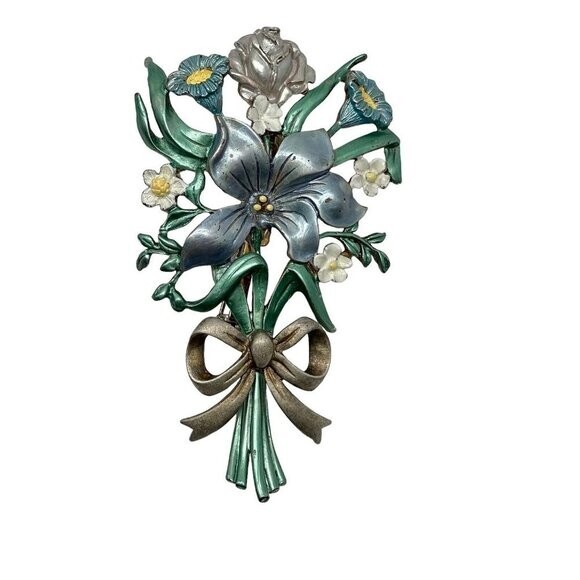 Vintage Tana Flower Bouquet Brooch Pin 3.5″ Fashion Floral Forget Me Not Rose