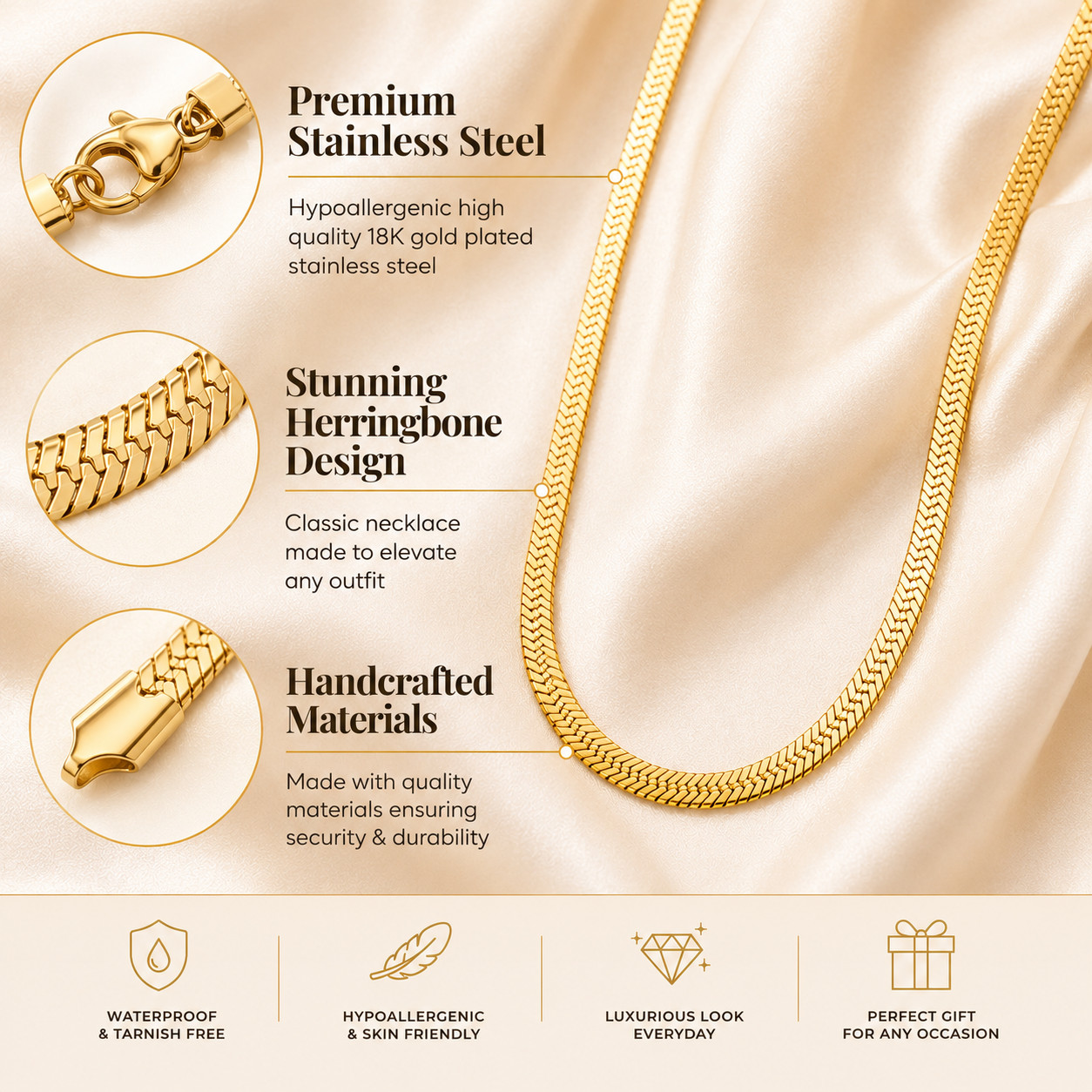 18K Gold Plated Herringbone Necklace for Women & Men, Premium Stainless Steel Fl