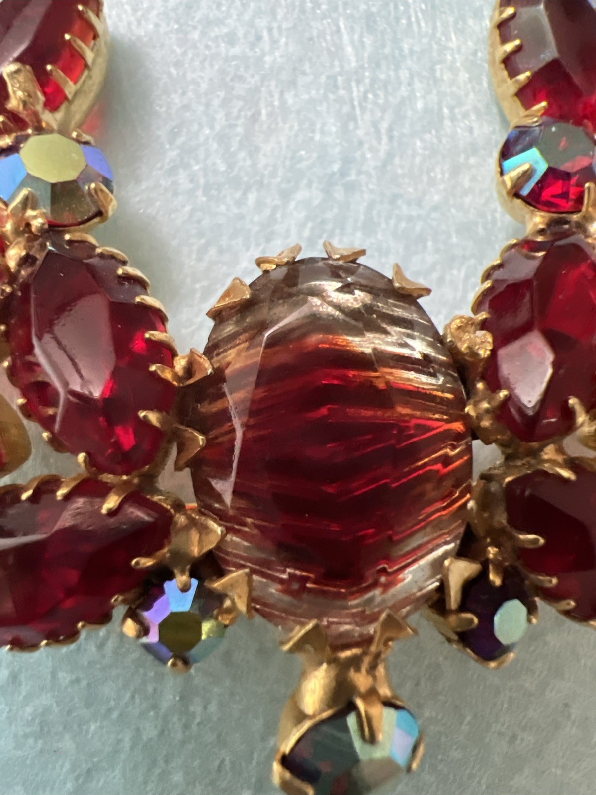 Vintage Juliana Red Rhinestone Brooch & Earrings – Married Set – Crinkle Glass