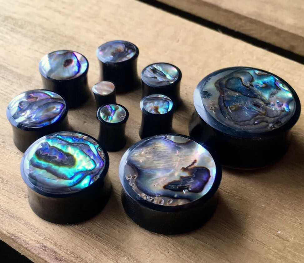PAIR Horn Plugs w/ Abalone Inlay Earlets Gauges Organic Body Jewelry