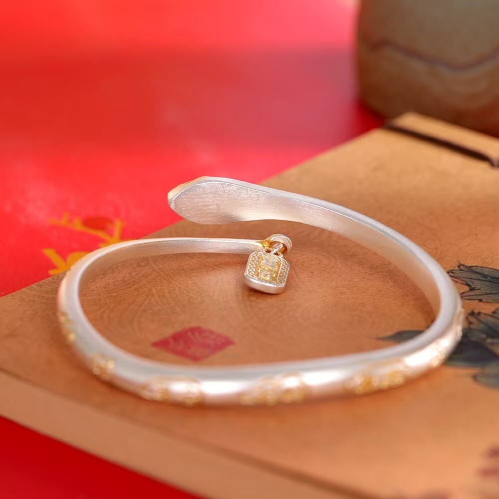 Real S999 Fine Silver Bracelet Enamel 5mm Snake Open Bangle 34-35g Dia:56mm