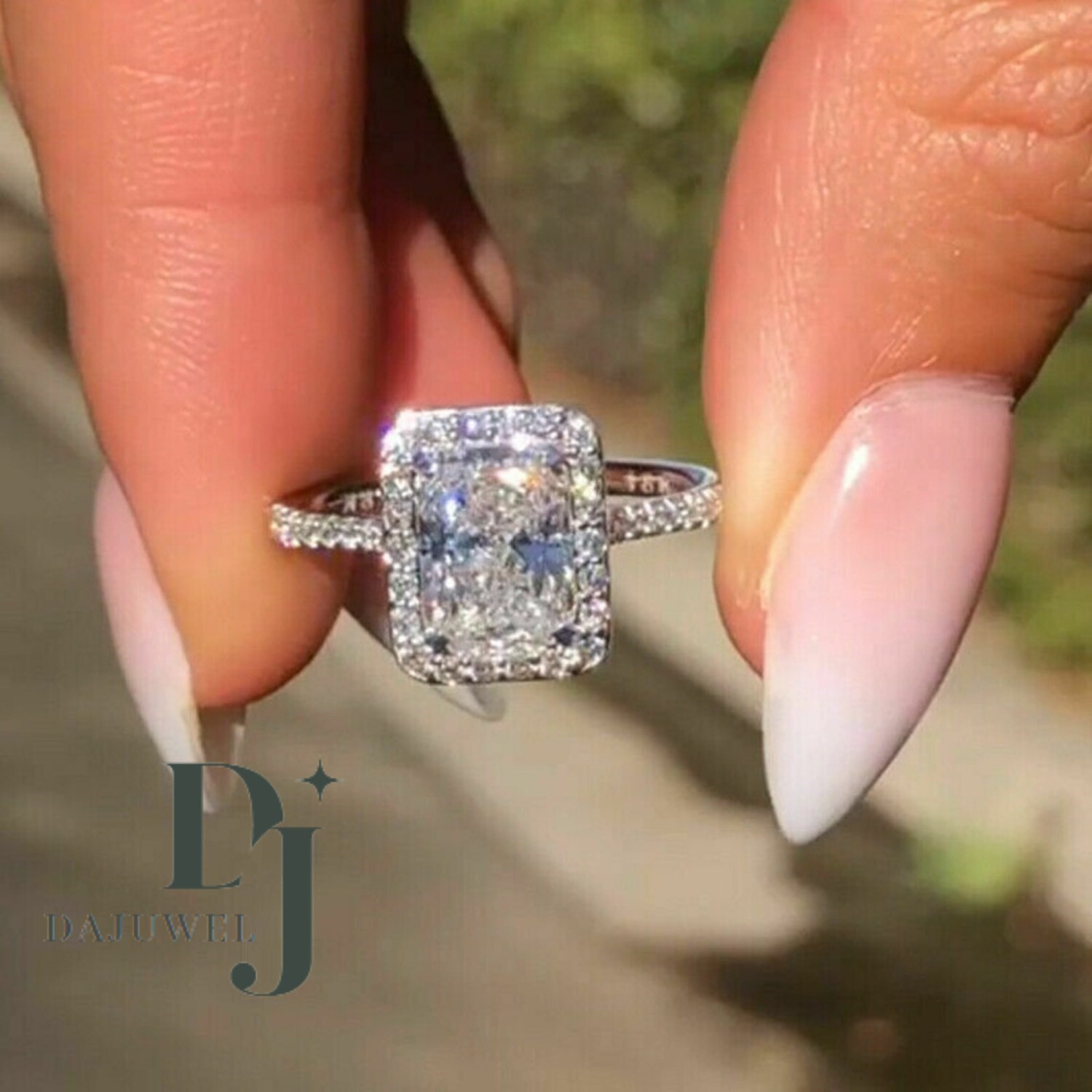 3 Carat Radiant Cut Moissanite Halo Wedding Engagement Ring Solid 14K White Gold